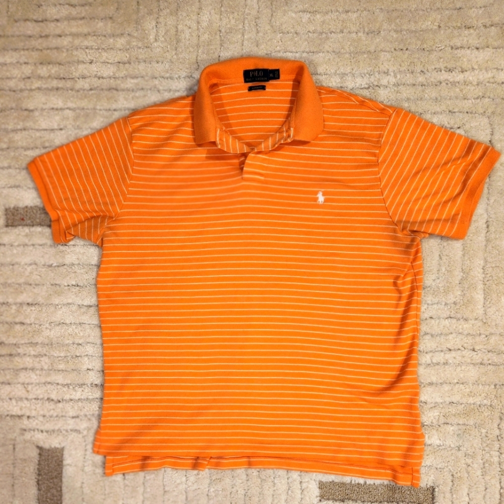 Polo Ralph Lauren Polo Shirt Mens XL Striped Orange White Short Sleeve Knit 0084